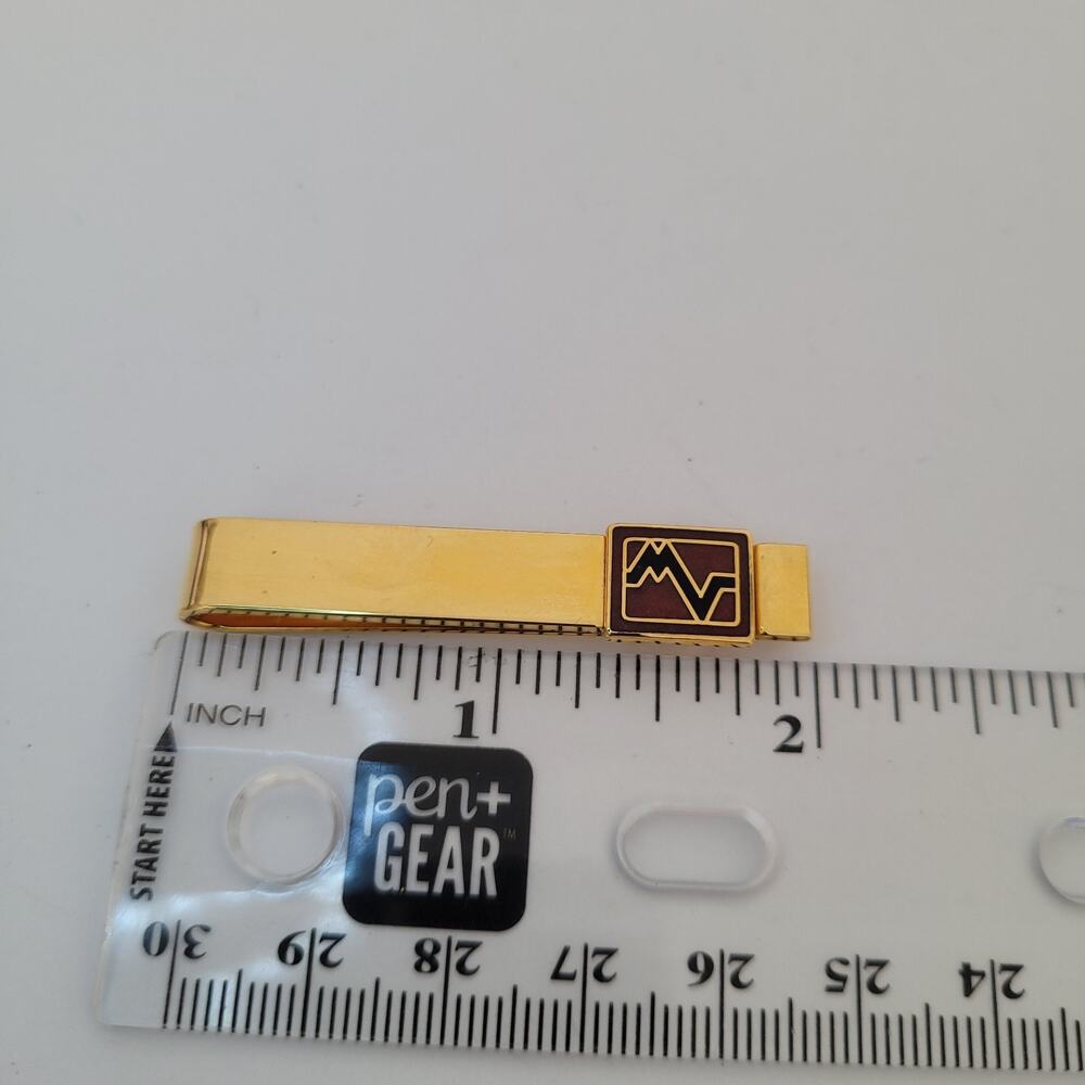 Mario Valentino MV USA Vintage Tack Tie Clasp Clip Bar Gold Red Black Retro Logo - Picture 5 of 5